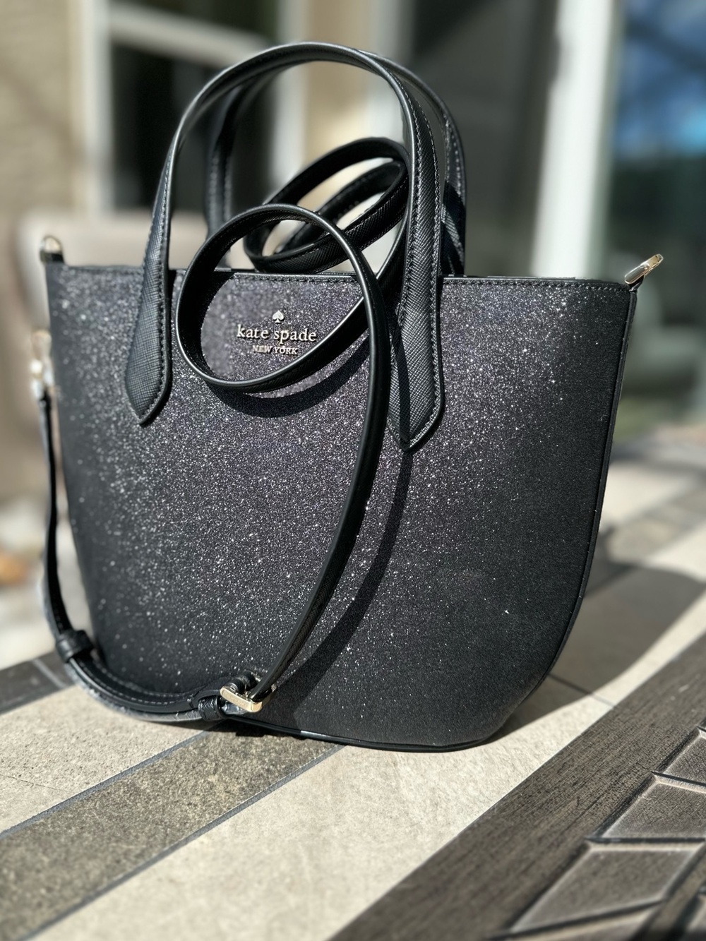 kate spade Black Glitter Tote with Detachable Strap